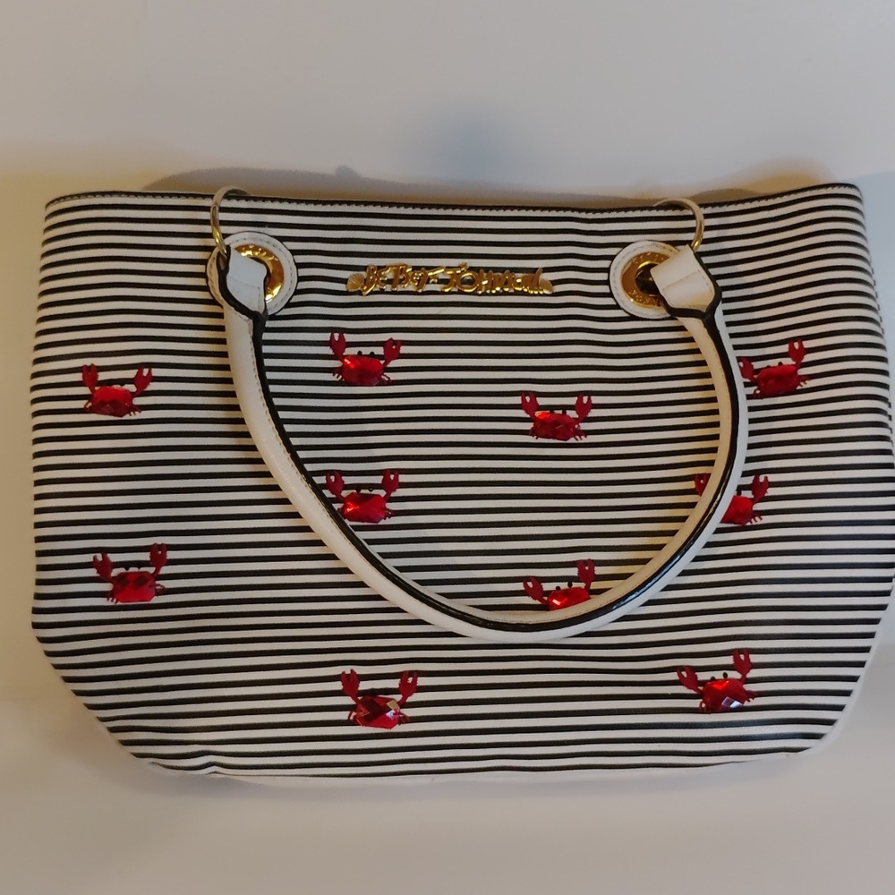 Betsey Johnson Black and White Striped Tote with Red Crab Accents